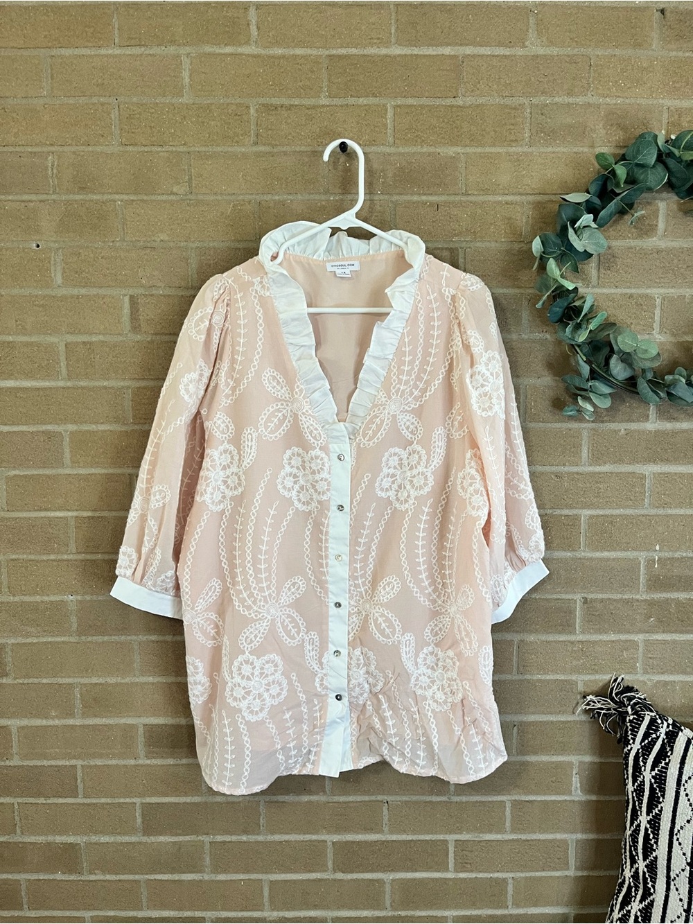 Chic Soul Pale Pink Embroidered Ruffle-Trim Button Front Blouse - Picture 2 of 4